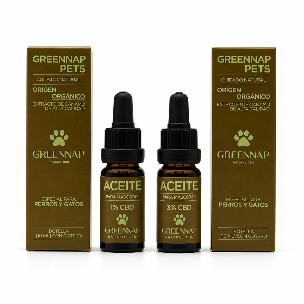 Pack de inicio CBD para mascotas Green Nap con aceite de CBD orgánico para perros y gatos en formato 10ml con gotero