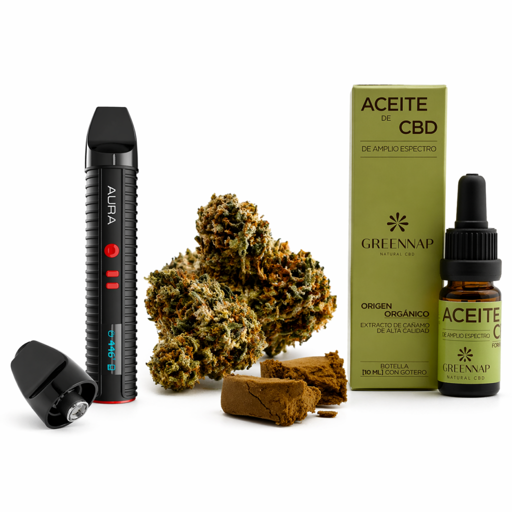 Kit vaporizador Flowermate Aura con flor CBD Velvet, hash Trinity y aceite CBD 10% Greennap