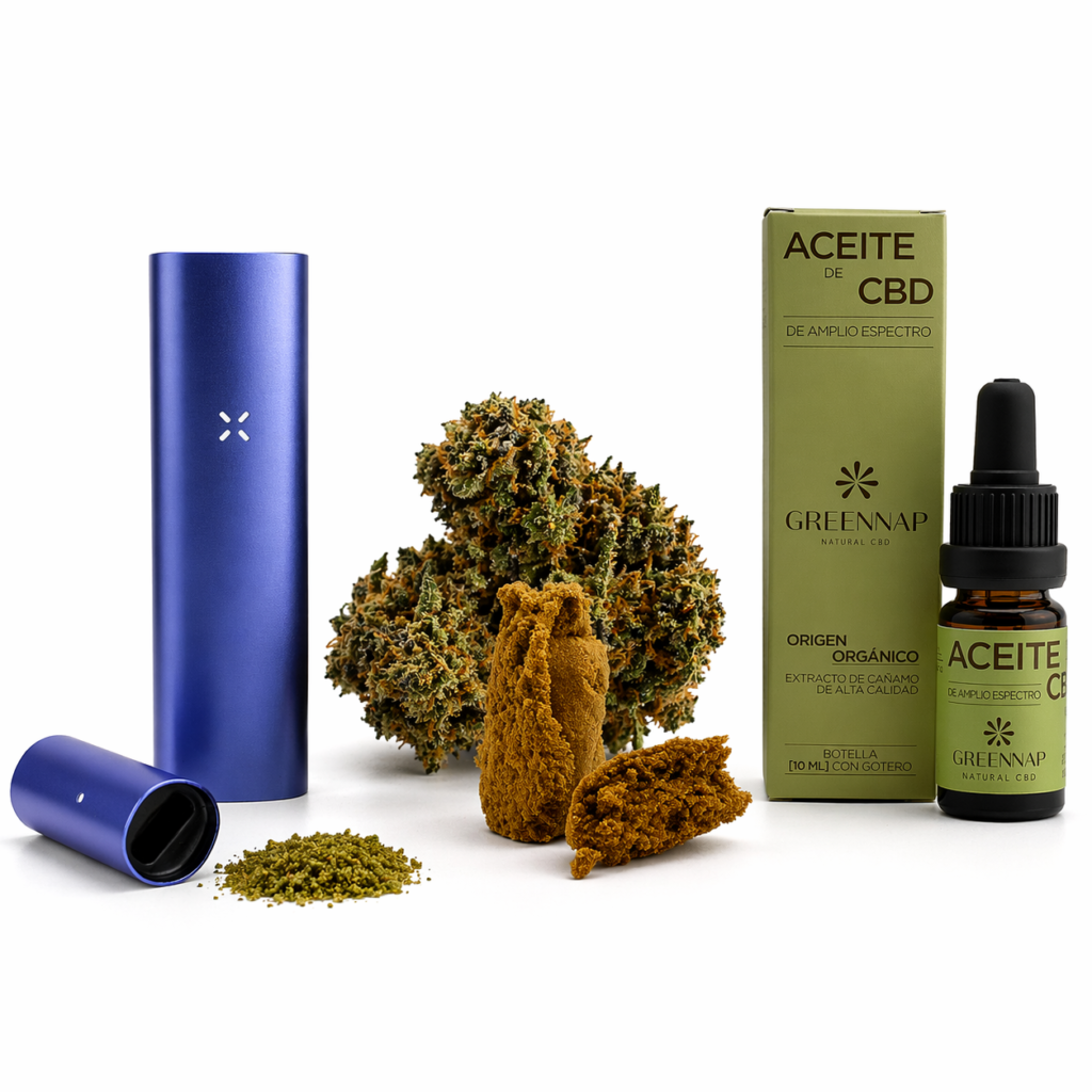 Kit vaporizador PAX Plus Periwinkle con flor Scarlet Haze, hash Honey Gold y aceite CBD Greennap