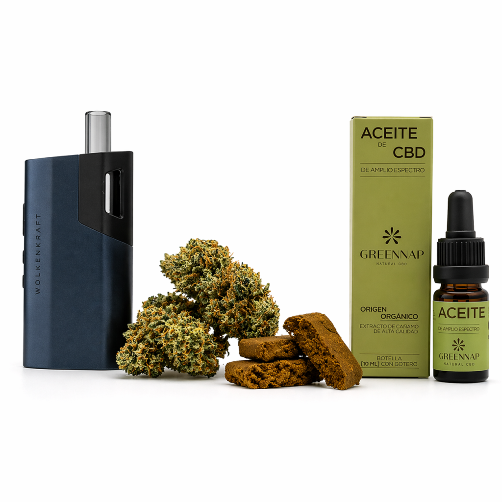 Kit vaporizador Wolkenkraft ÄRIS Ultra CBD con flor Widow Illusion 5g, hash Desert Dust 5g y aceite CBD 10%
