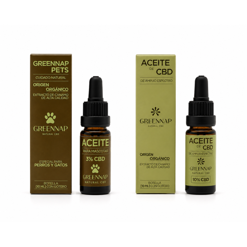 Pack de aceites CBD Green Nap con aceite 3% para mascotas y aceite 10% para uso humano en botellas de 10 ml
