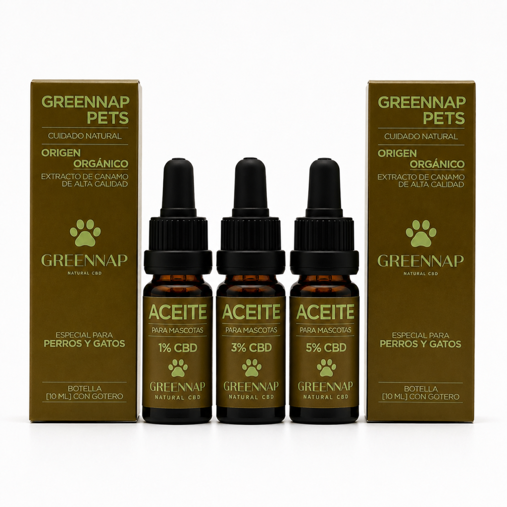 Pack Completo CBD Mascotas Green Nap con tres aceites de cáñamo CBD al 1%, 3% y 5% para perros y gatos, presentado con envases y cajas de 10 ml